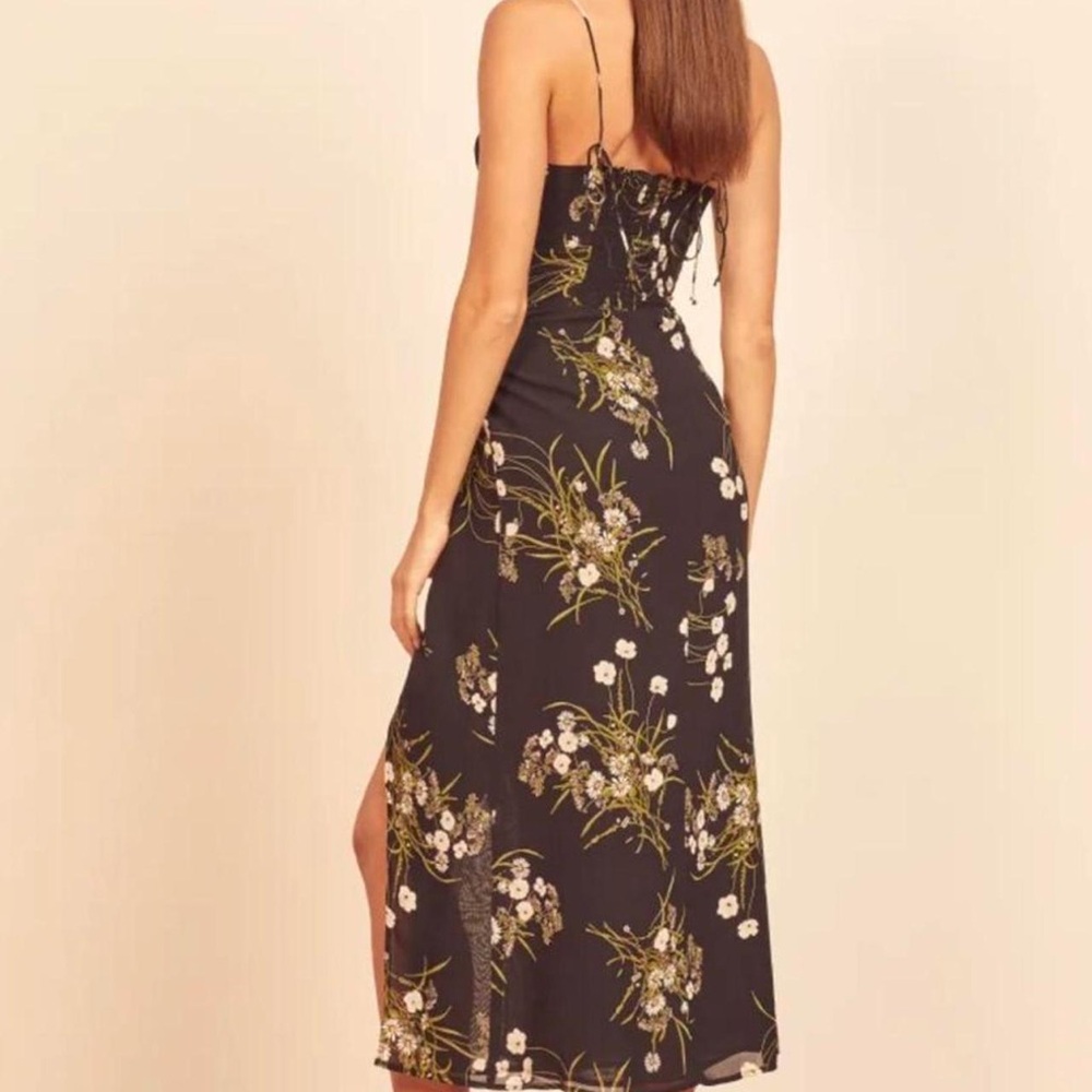 Reformation Black Floral Midi Dress with Green & Cream Print - Picture 2 of 6